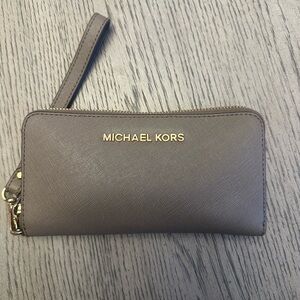 Michael Kors Gray/Dark Tan Wristlet with Gold Accents
